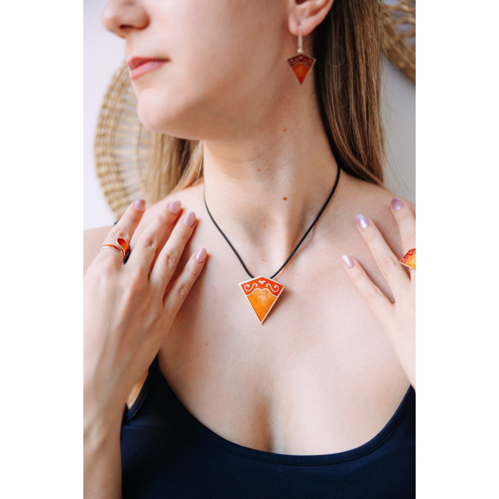 Σετ τρίγωνο με σπίρα, Ασήμι 925, Πορτοκαλί και κόκκινο σμάλτο
