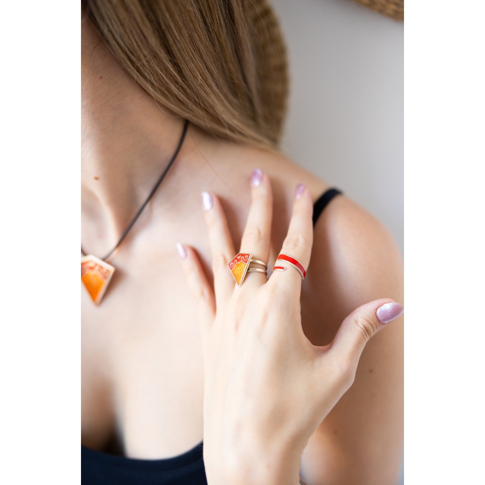 Δαχτυλίδι τρίγωνο ασήμι 925, Πορτοκαλί και κόκκινο σμάλτο