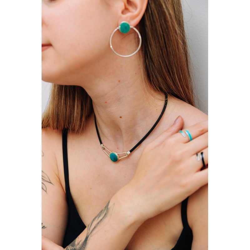 Κολιέ ασήμι 925, τιρκουάζ σμάλτο, καουτσούκ Κολιέ ασήμι 925, τιρκουάζ σμάλτο, καουτσούκ