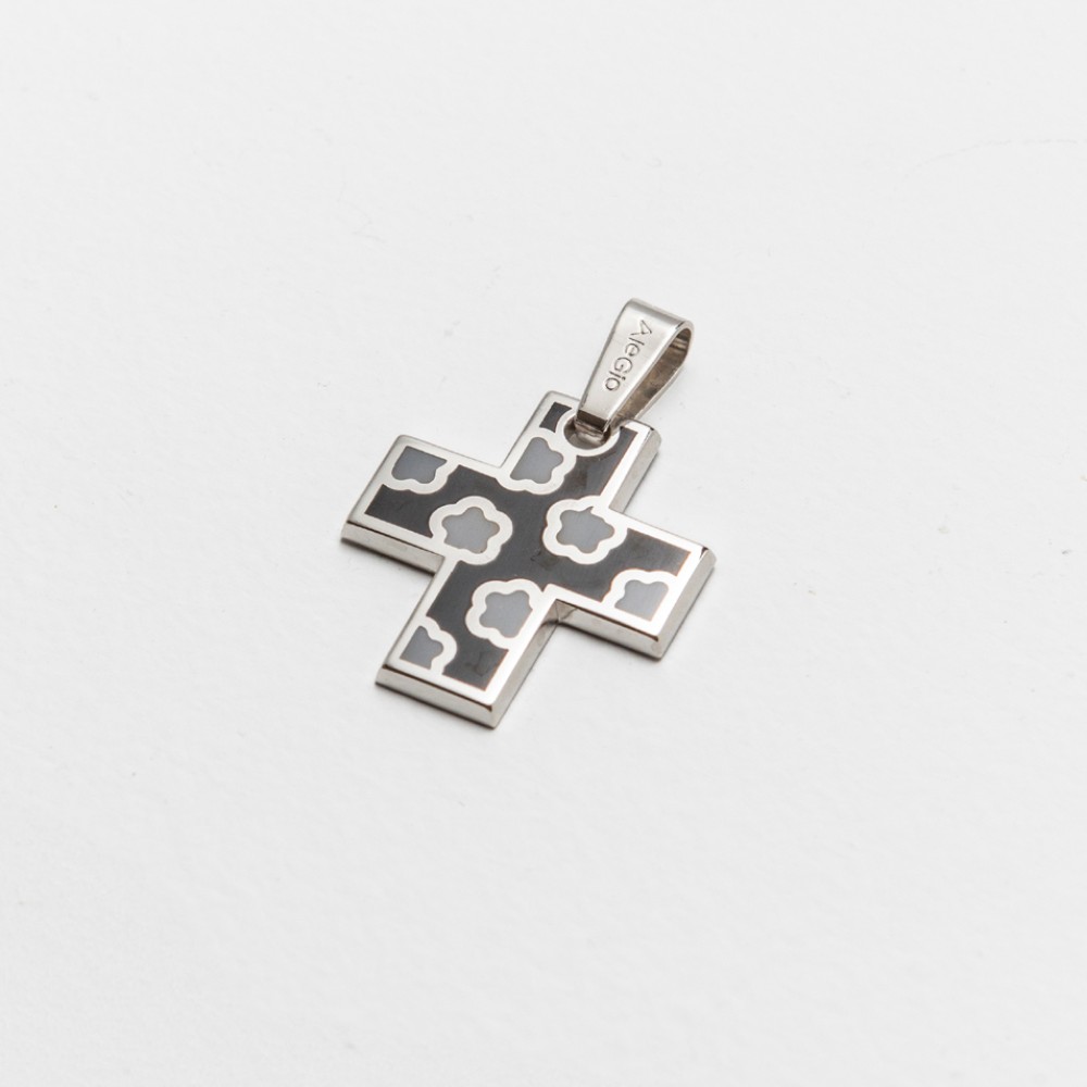 Cross Silver 925, black-grey Enamel With Flowers