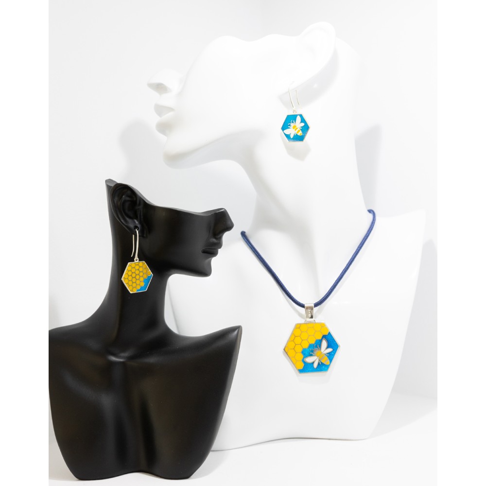 Σετ εξάγωνο μέλισσα, Ασήμι 925, Μπλε και κίτρινο σμάλτο