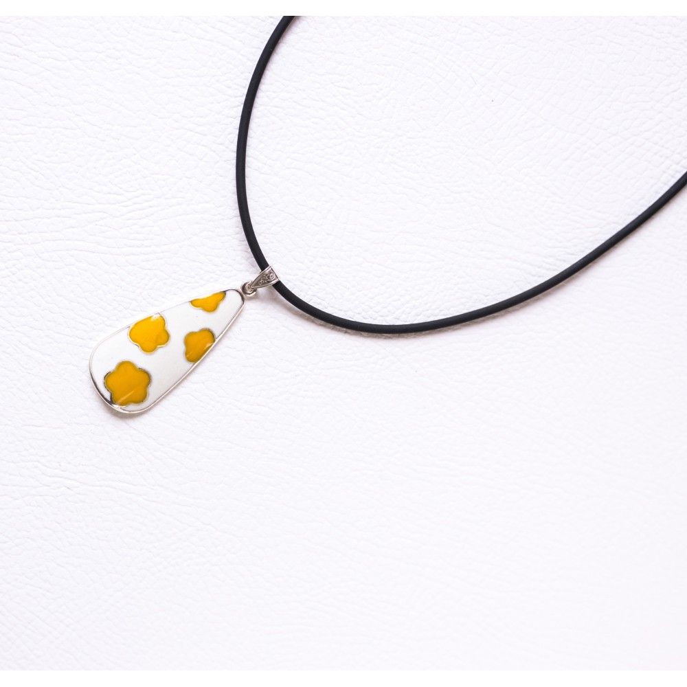 Drop Flower Pattern Pendant, white And yellow Enamel, Silver 925