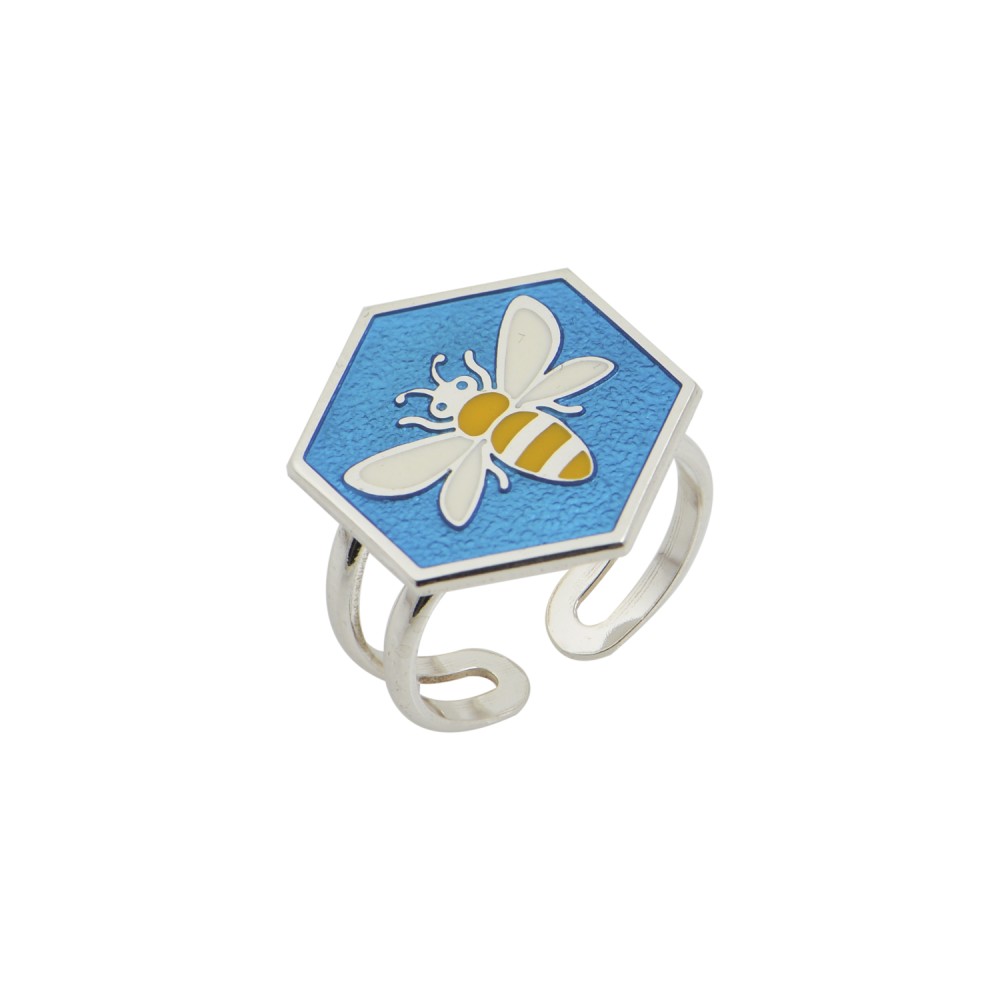 Ring Hexagon Silver 925, Blue Enamel With Bee