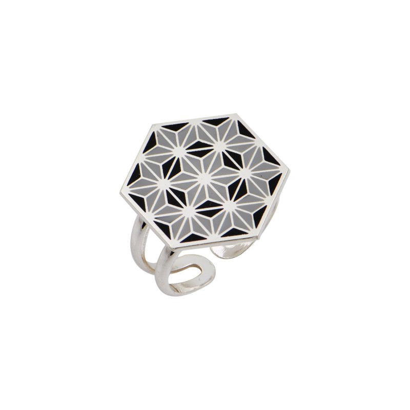 Δαχτυλίδι εξάγωνο ασήμι 925, Μαύρο και γκρι σμάλτο με γεωμετρικά σχέδια Δαχτυλίδι εξάγωνο ασήμι 925, Μαύρο και γκρι σμάλτο με γεωμετρικά σχέδια