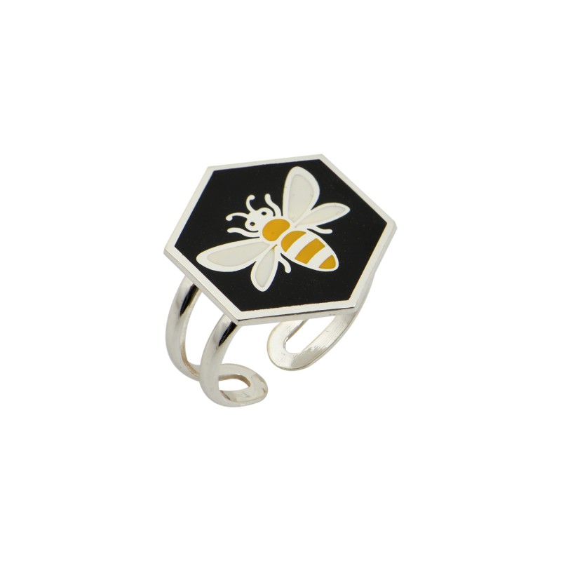 Δαχτυλίδι εξάγωνο ασήμι 925, Μαύρο σμάλτο με μέλισσα Δαχτυλίδι εξάγωνο ασήμι 925, Μαύρο σμάλτο με μέλισσα