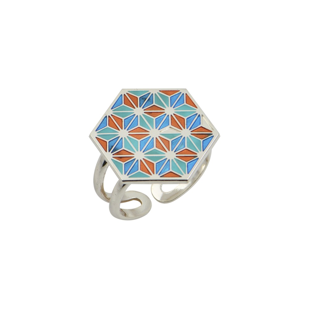 Ring Hexagon Silver 925, Blue-Turquoise-Orange Enamel With Geometrical Pattern