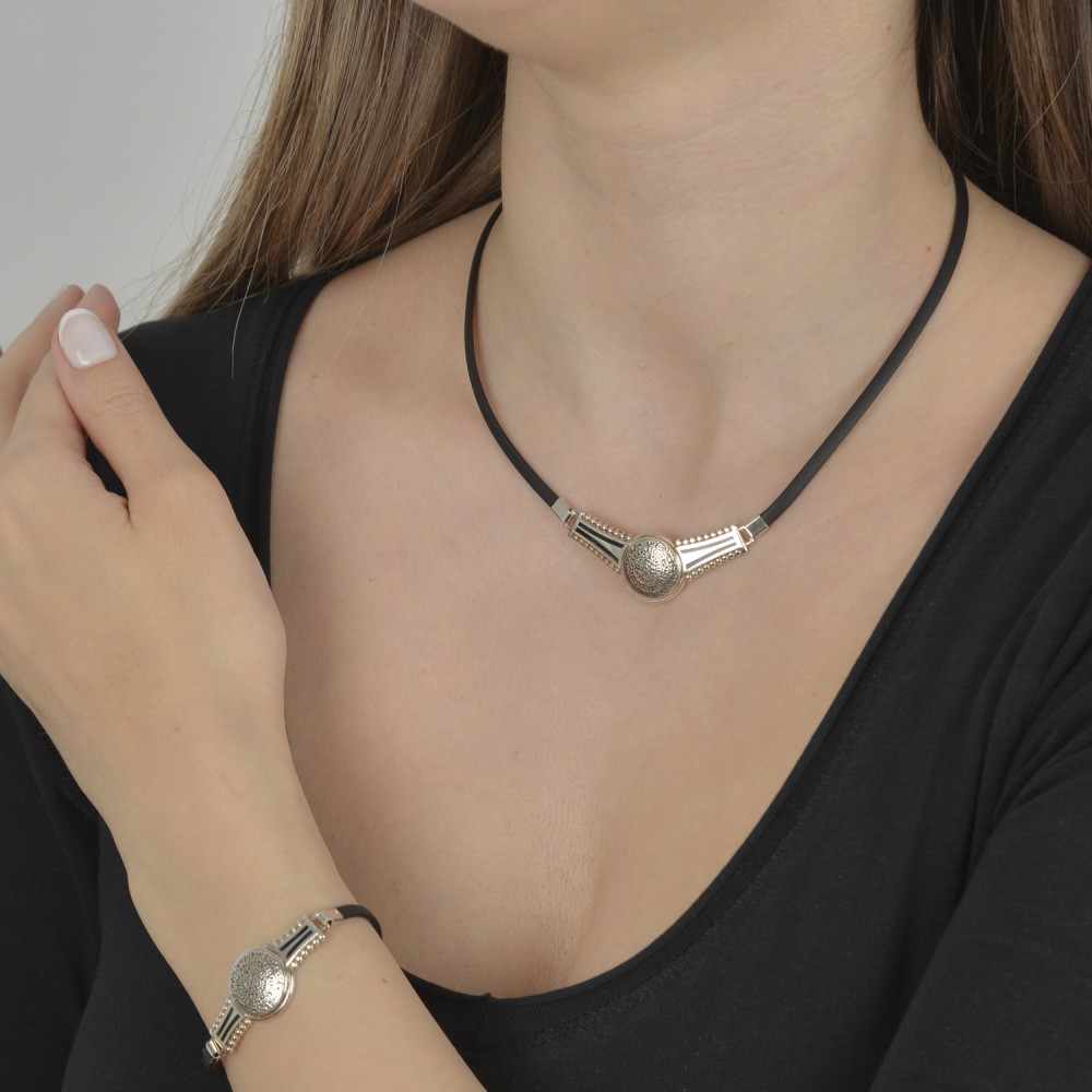 Βραχιόλι δίσκος Φαιστού με σχέδιο. Οξειδωμένο ασήμι 925.