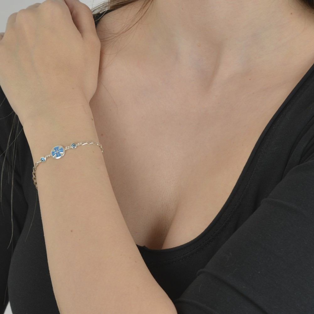 Βραχιόλι διπλής όψης σταυρός - μάτι. Ασήμι 925.