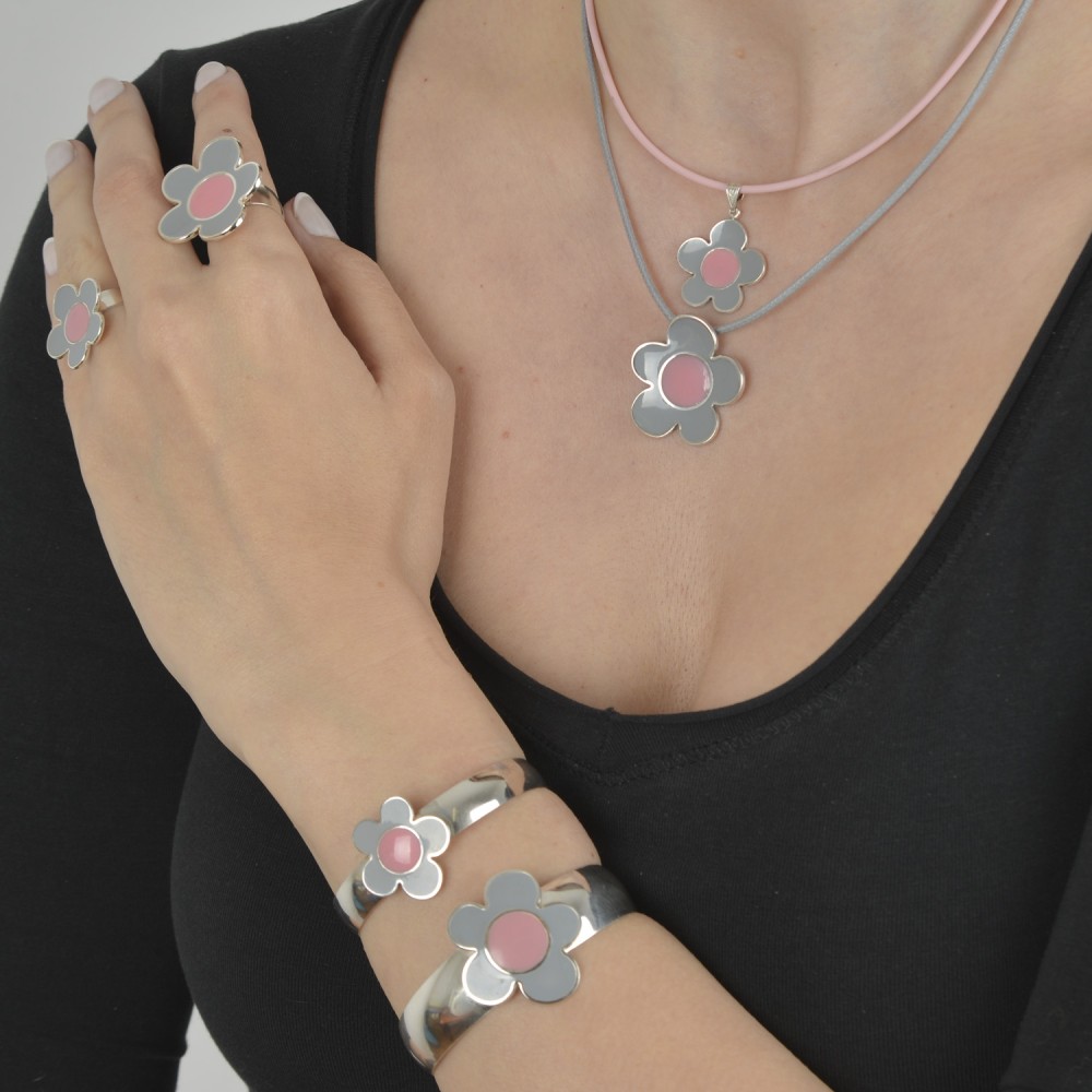 Μενταγιόν λουλούδι μεγάλο, Γκρι και ροζ σμάλτο, Ασήμι 925