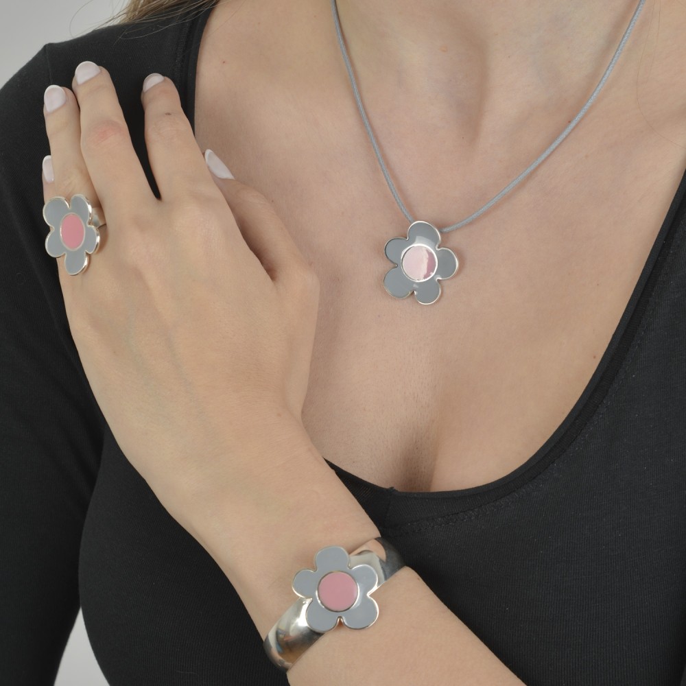 Μενταγιόν λουλούδι μεγάλο, Γκρι και ροζ σμάλτο, Ασήμι 925