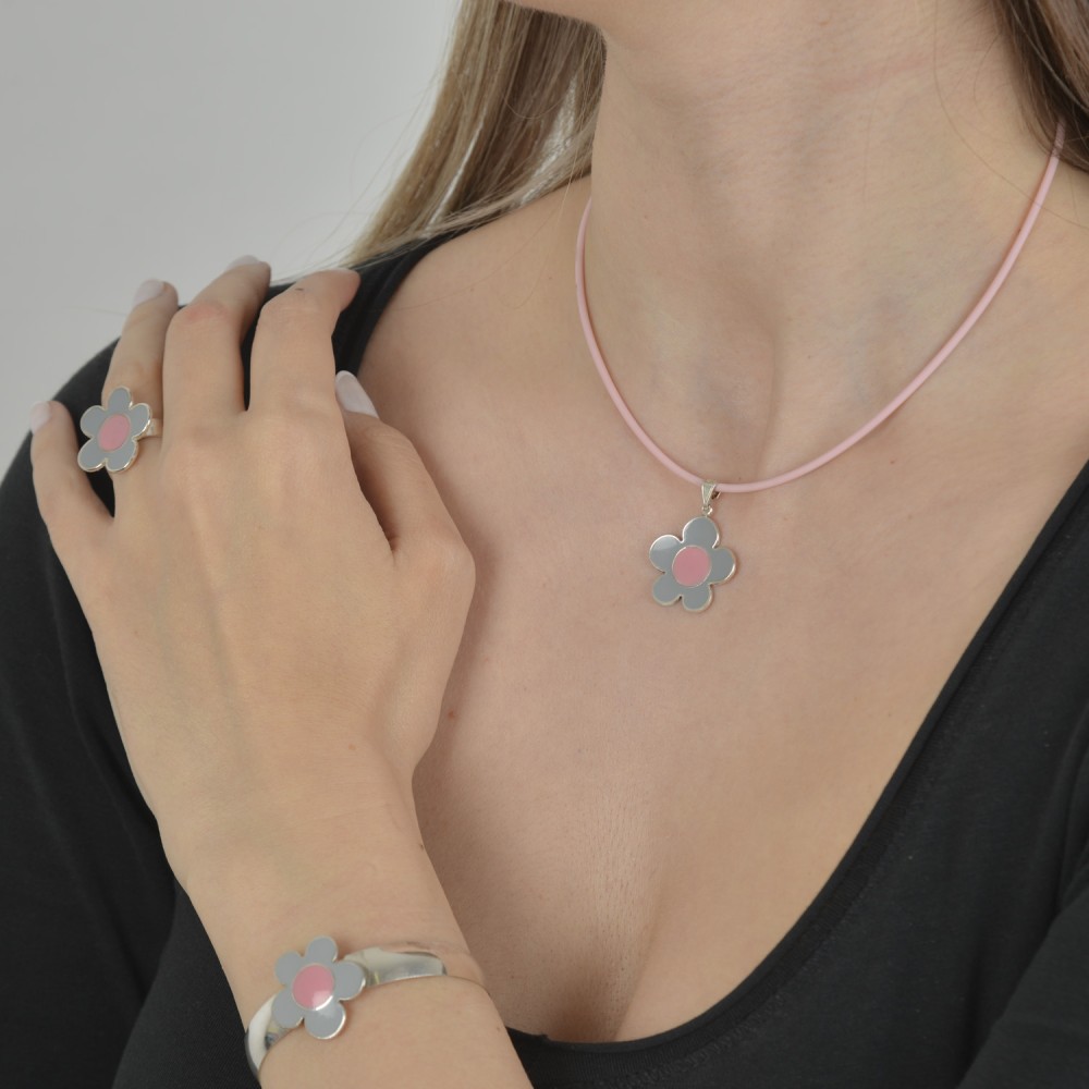 Δαχτυλίδι λουλούδι μεγάλο, Ασήμι 925, Γκρι και ροζ σμάλτο