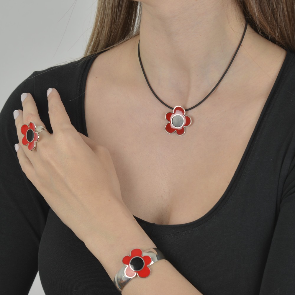 Μενταγιόν λουλούδι μεγάλο, Κόκκινο και μαύρο σμάλτο, Ασήμι 925