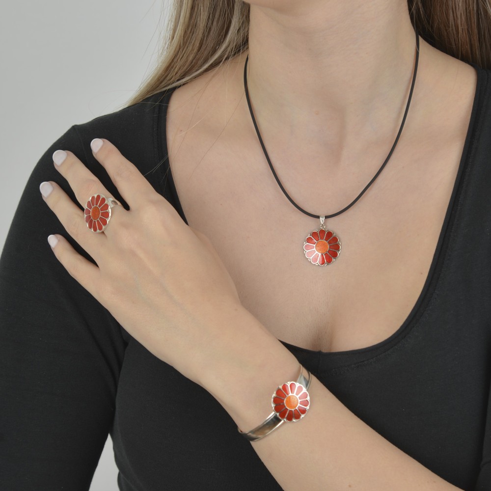 Βραχιόλι μαργαρίτα, Κόκκινο και πορτοκαλί διάφανο σμάλτο, Ασήμι 925