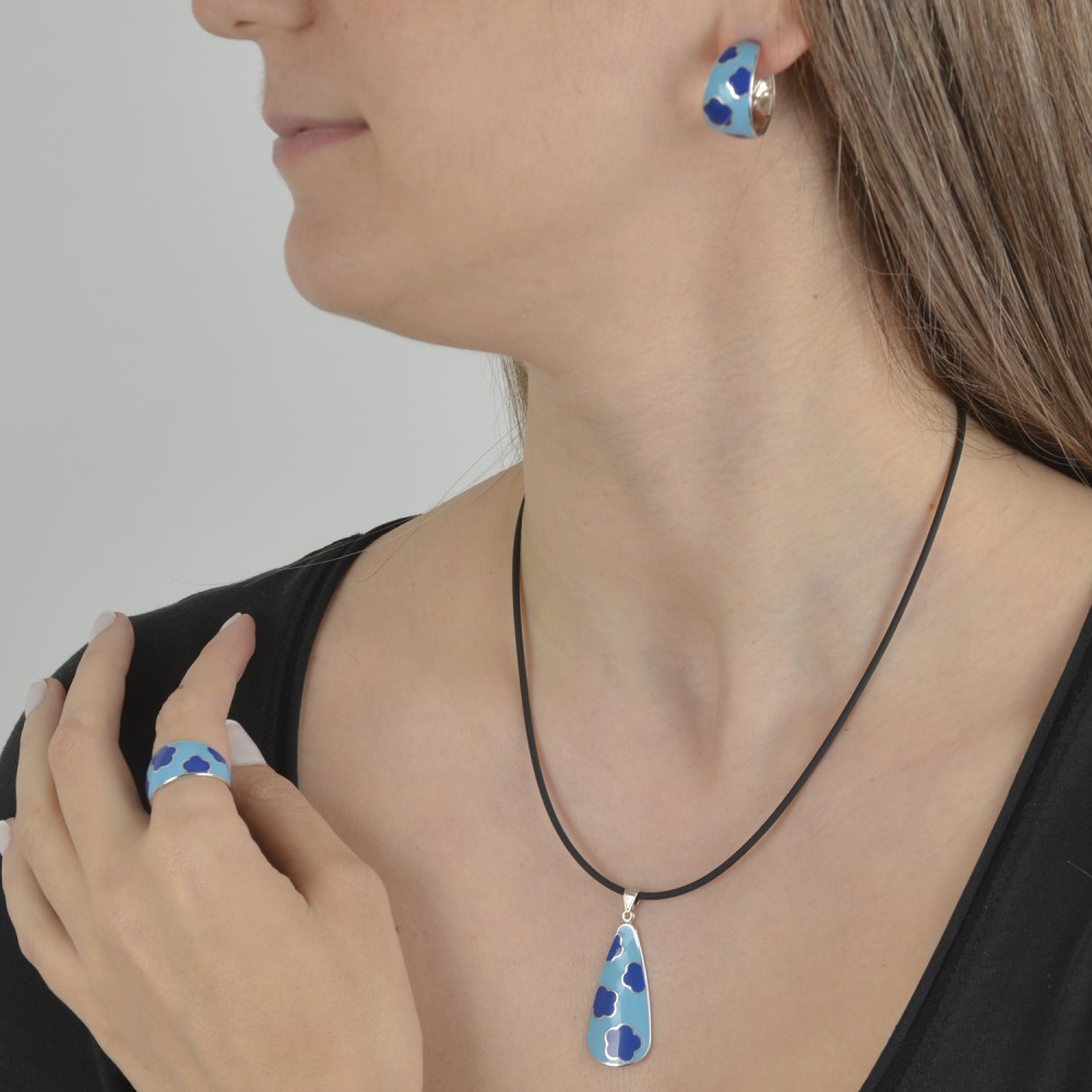 Μενταγιόν σταγόνα μοτίβο λουλούδι, Γαλάζιο και μπλε σμάλτο, Ασήμι 925