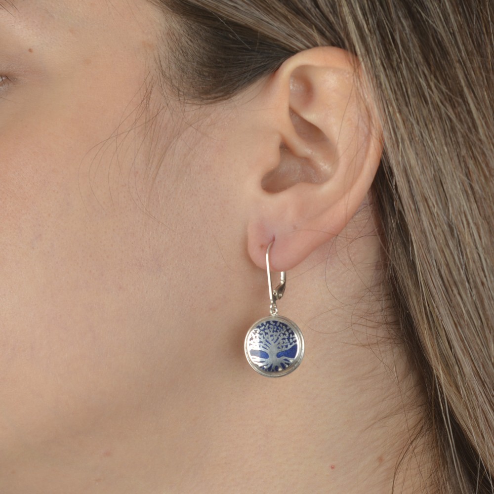 Κρεμαστά σκουλαρίκια δέντρο ζωής, Σκούρο μπλε σμάλτο. Ασήμι 925