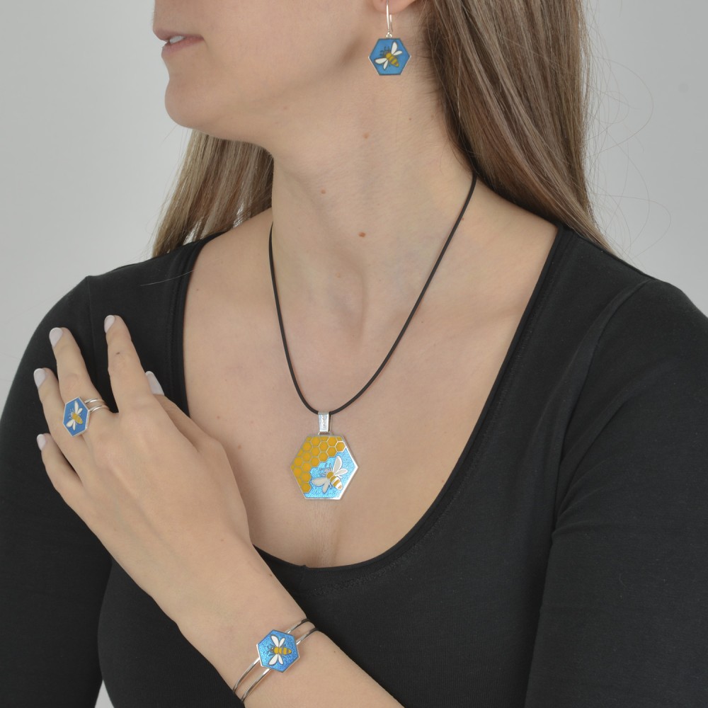 Βραχιόλι εξάγωνο μέλισσα, Ασήμι 925, Μπλε και κίτρινο σμάλτο
