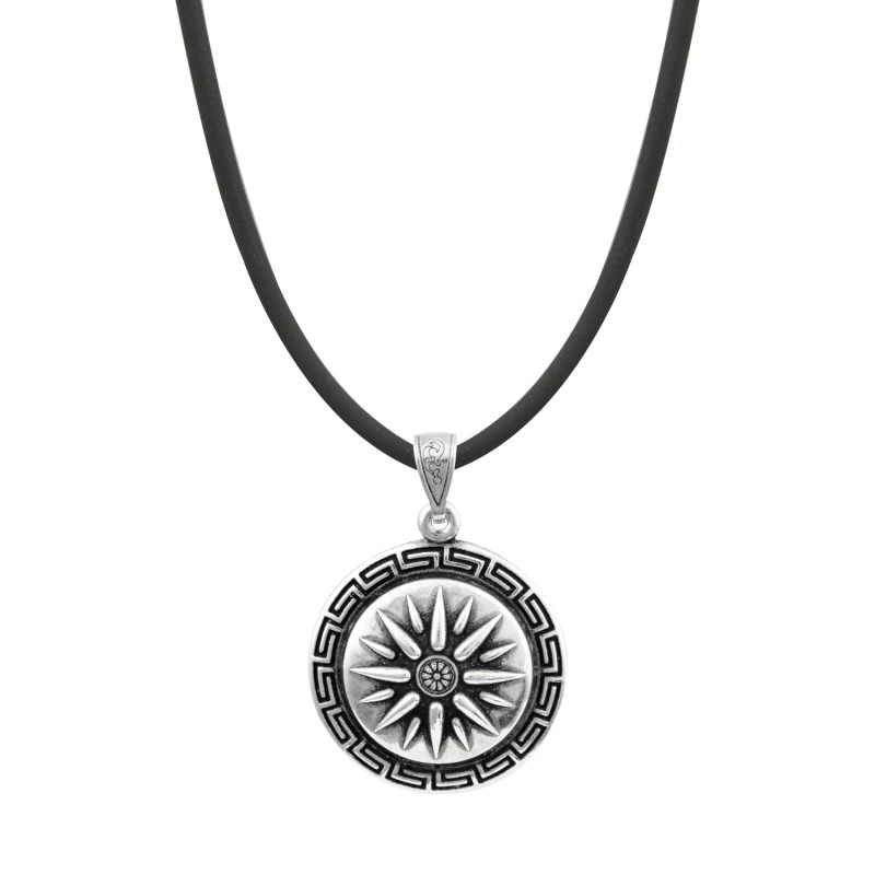 Μενταγιόν ήλιος της Βεργίνας. Οξειδωμένο ασήμι 925. Μενταγιόν ήλιος της Βεργίνας. Οξειδωμένο ασήμι 925.