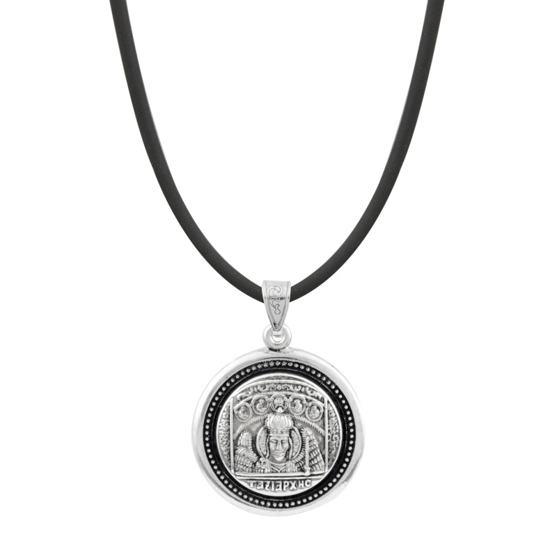 Μενταγιόν Ταξιάρχης Μανταμάδου. Οξειδωμένο ασήμι 925. Μενταγιόν Ταξιάρχης Μανταμάδου. Οξειδωμένο ασήμι 925.