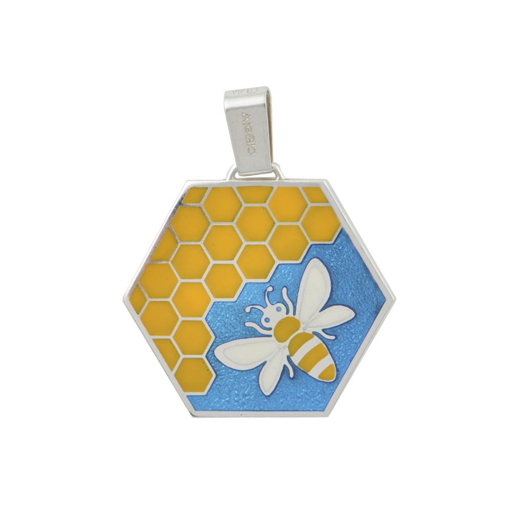 Pendant Hexagon With Bee, Silver 925, Blue-Yellow Enamel