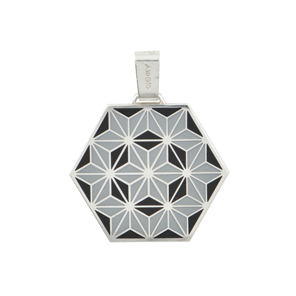 Pendant Hexagon With Geometrical Pattern, Silver 925, Black-Grey Enamel