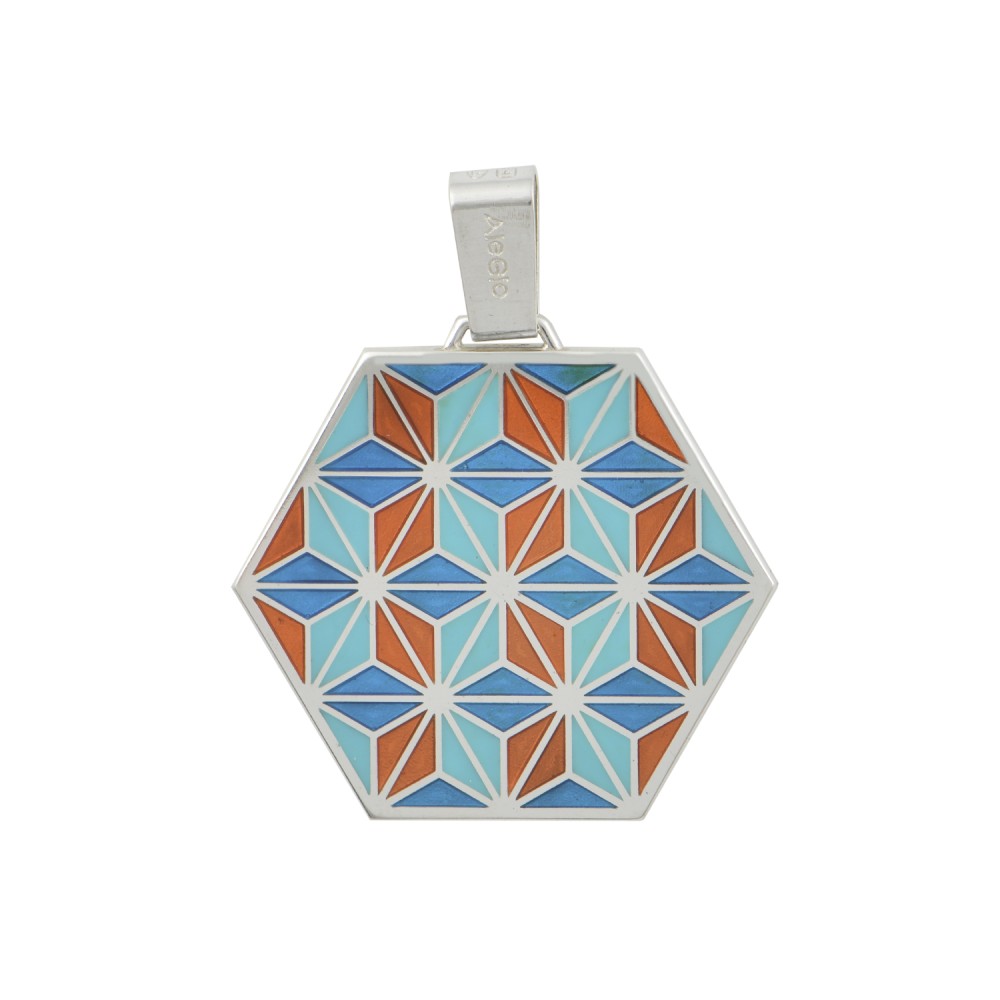 Pendant Hexagon With Geometrical Pattern, Silver 925, Blue-Turquiose-Orange Enamel