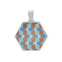 Pendant Hexagon With Geometrical Pattern, Silver 925, Blue-Turquiose-Orange Enamel