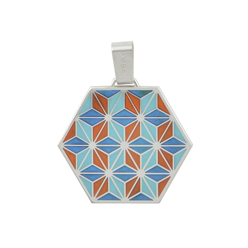 Μενταγιόν εξάγωνο με γεωμετρικά σχέδια, Ασήμι 925, Μπλε, τιρκουάζ και πορτοκαλί σμάλτο Μενταγιόν εξάγωνο με γεωμετρικά σχέδια, Ασήμι 925, Μπλε, τιρκουάζ και πορτοκαλί σμάλτο
