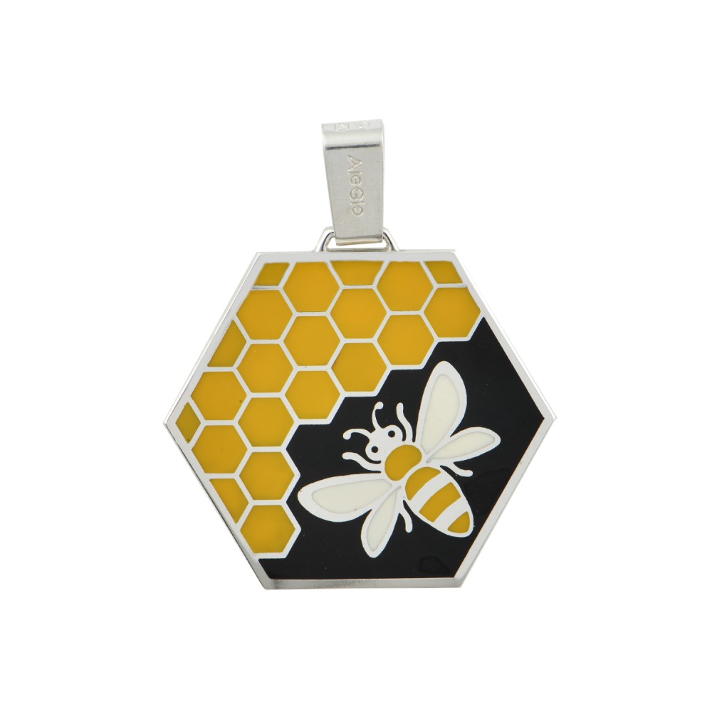 Pendant Hexagon With Bee, Silver 925, Black-Yellow Enamel