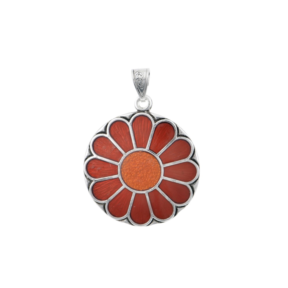 Daisy Pendant, Red And Orange Transparent Enamel, Silver 925