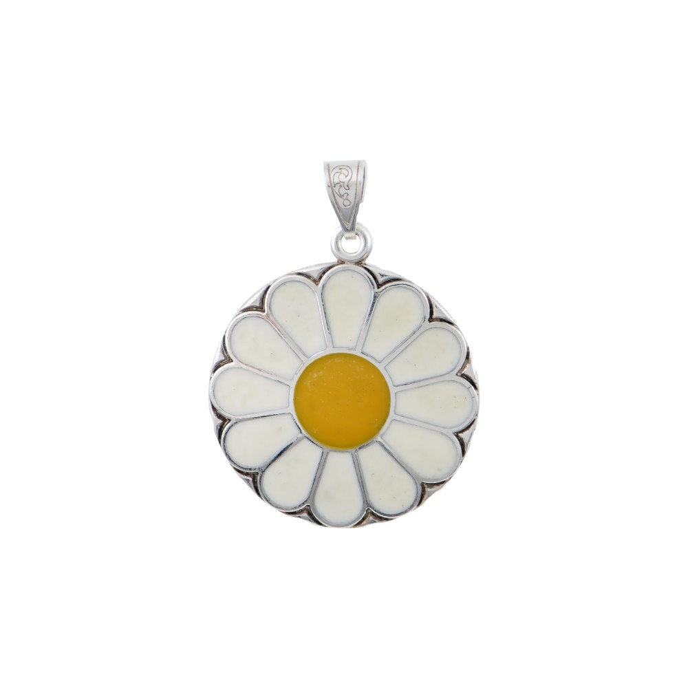 Daisy Pendant, White And Yellow Enamel, Silver 925