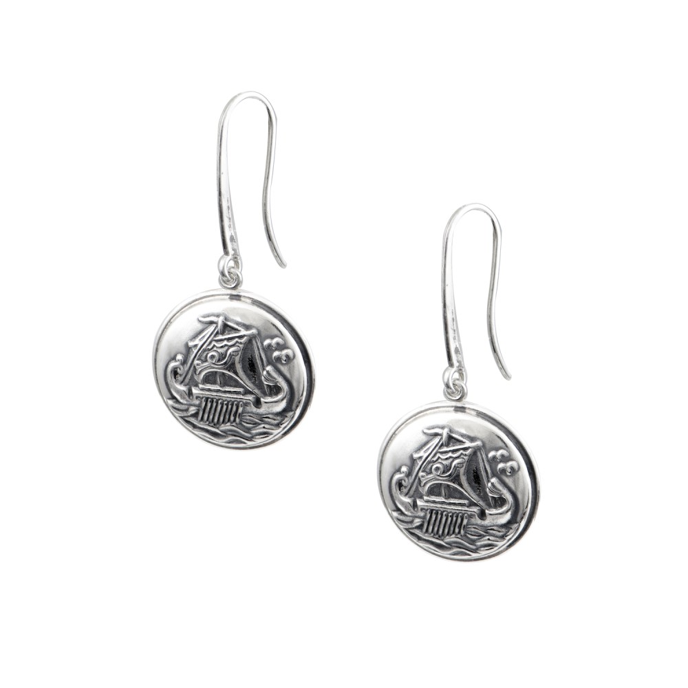 Corfiot Ship Dangle Earrings, Oxidised Silver 925