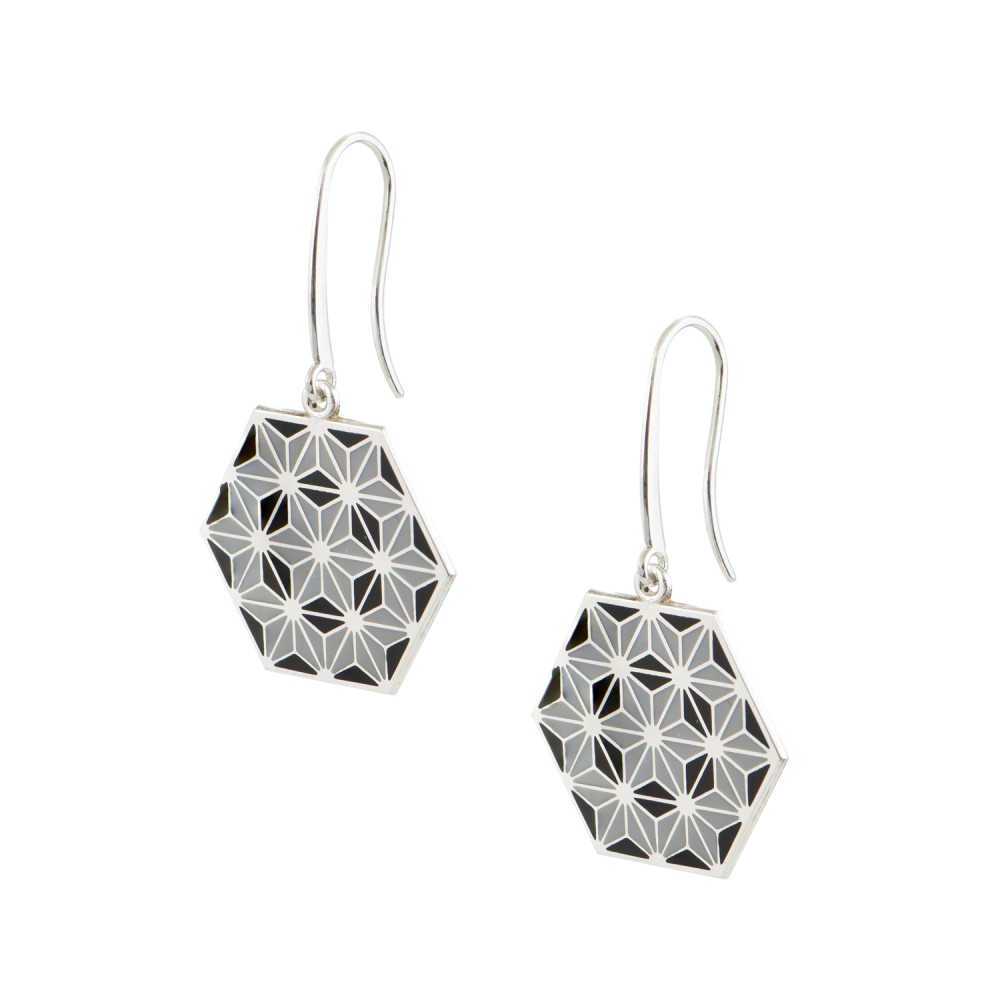 Earrings Hexagon With Geometrical Pattern, Silver 925, Black-Grey Enamel