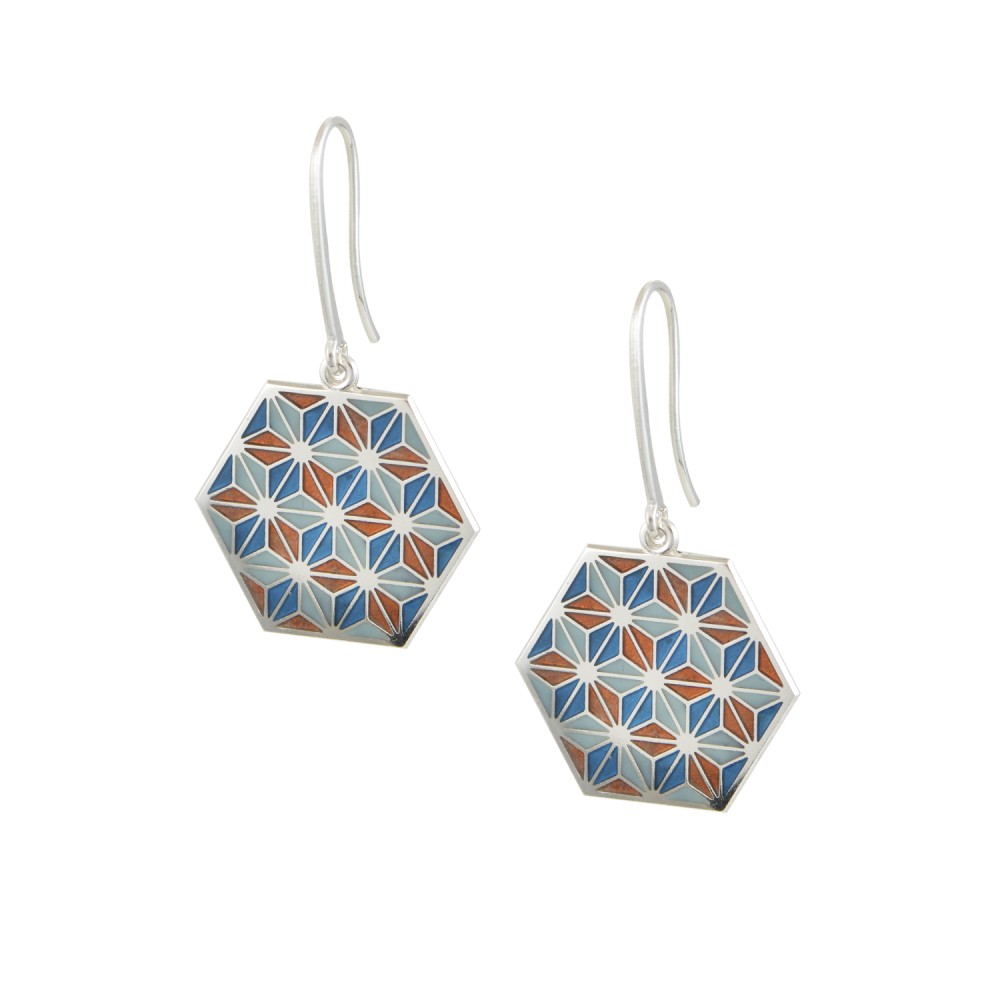 Earrings Hexagon With Geometrical Pattern, Silver 925, Blue-Turquiose-Orane Enamel