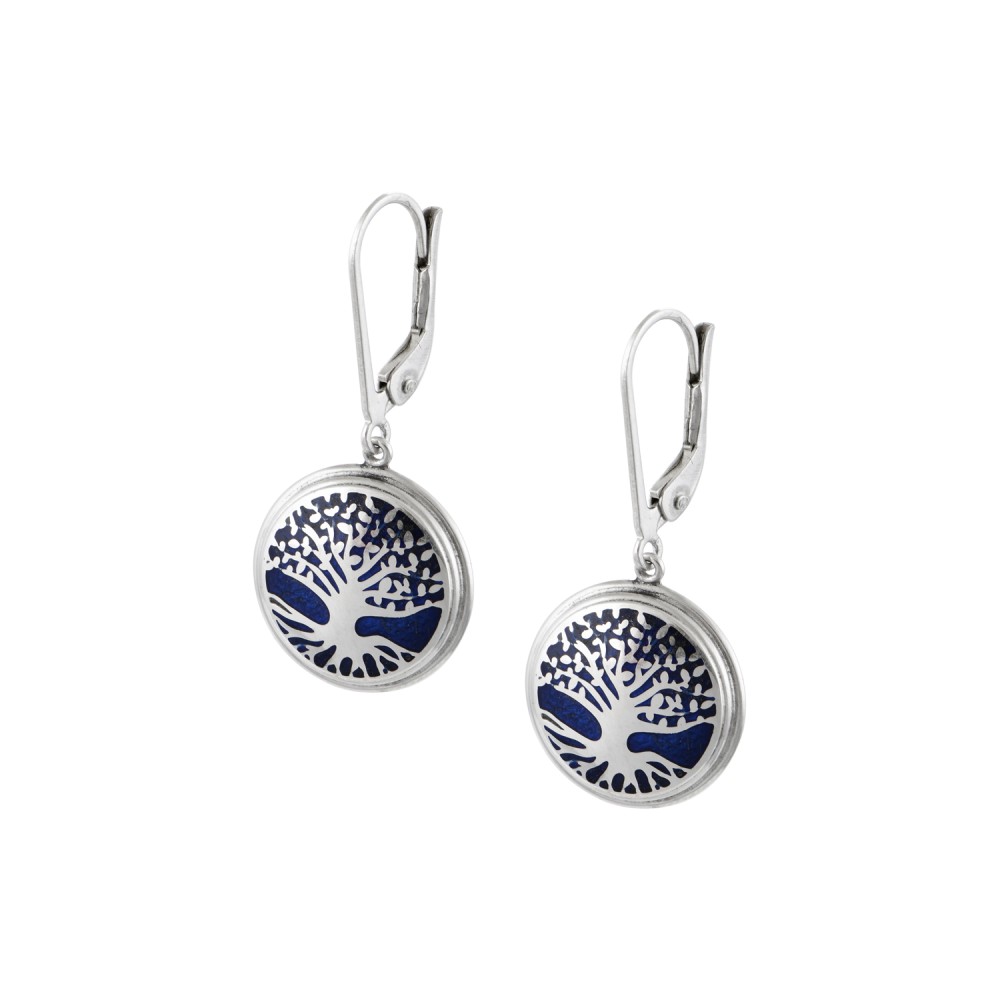 Dangle Life Tree Dark Blue Enamel Earrings, Silver 925