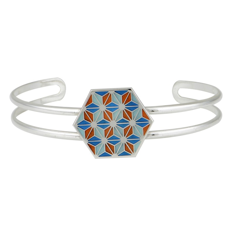 Βραχιόλι εξάγωνο με γεωμετρικά σχέδια, Ασήμι 925, Μπλε, τιρκουάζ και πορτοκαλί σμάλτο Βραχιόλι εξάγωνο με γεωμετρικά σχέδια, Ασήμι 925, Μπλε, τιρκουάζ και πορτοκαλί σμάλτο